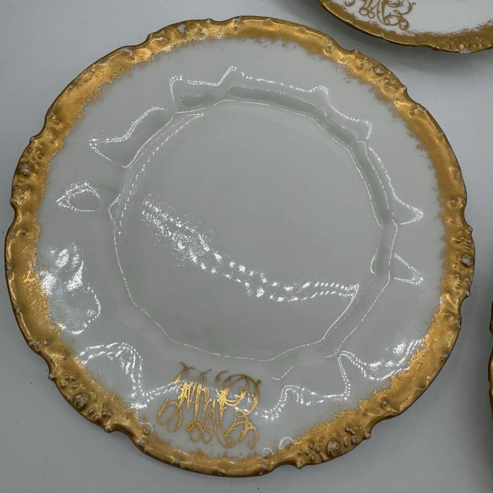 Antique 1909 Set 4 La Seynie P&P Limoges Plates Lycetts Decorators Gold Monogram